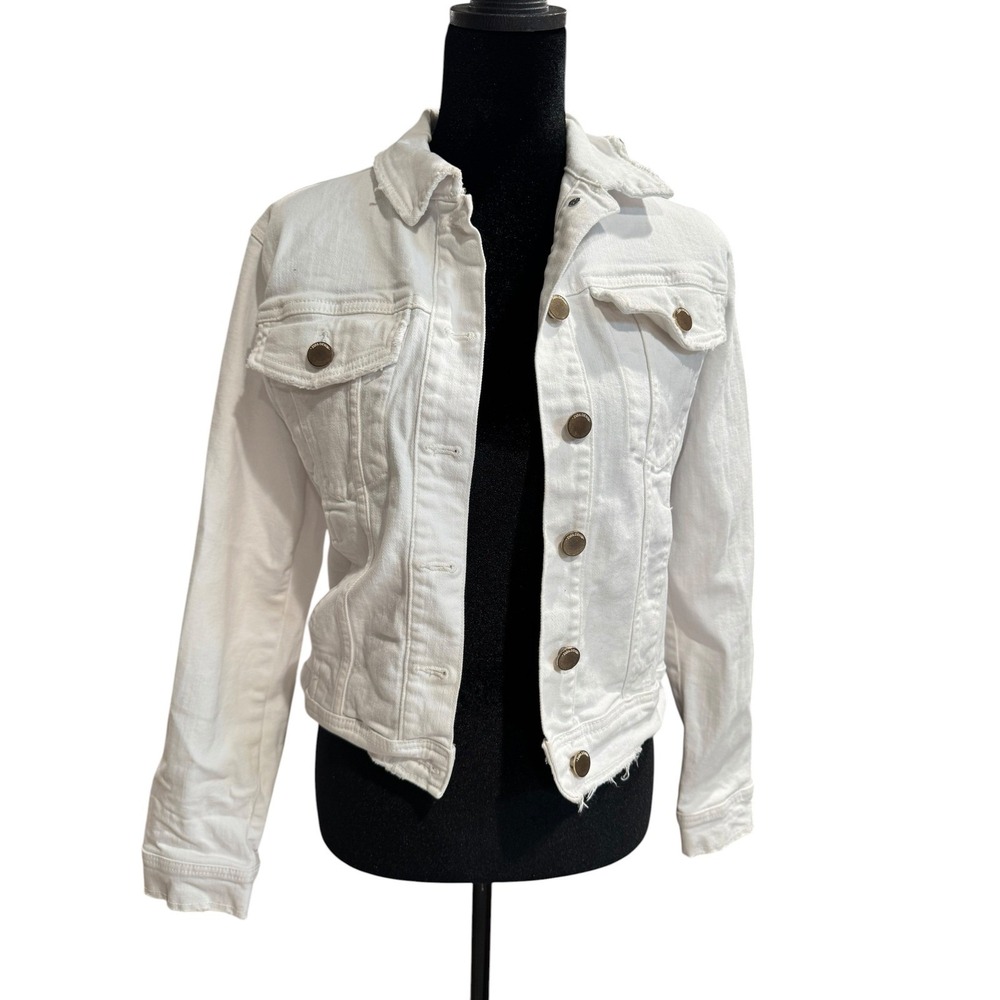 Zara Denim Women White Button Front Trucker Jacket Raw Hem Size Small
